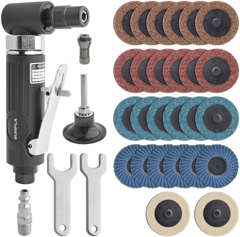 Gunpla 1/4 inch Angle Air Die Grinder, 90 Degree Heavy Duty 20,000 RPM with 26 pcs 2-inch Roll Lock Sanding Discs for Grinding, Deburring, Engraving, Polishing, Engraving and Rust Removal - Image 1